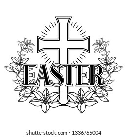 Happy Easter concept illustration. Cross and lilies. Greeting card. with religious symbol of faith.