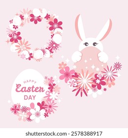 Happy Easter concept illustration with eggs, bunnies, flower wreaths and vignettes, set .Trendy Easter design bunni,flowers, eggs, in pastel colors for card,banner,print design. Vector illustration