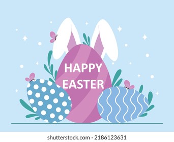 Happy easter concept. International and traditional holidays, poster or banner for website. spring, eggs and rabbits, religion. Design for greeting or invitation card. Cartoon flat vector illustration
