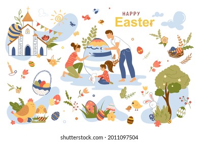 Happy Easter concept isolated elements set. Collection of family paints egg, girl plays with rabbit, chickens, church, religious spring holiday and other. Vector illustration in flat cartoon design