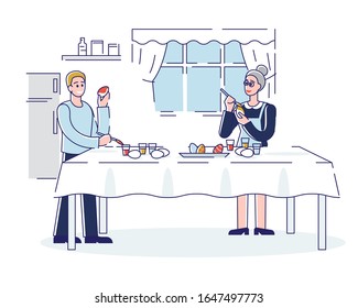 Happy Easter Concept. Mother And Son Decorating Easter Eggs At Home. People Are Spending Time Together And Preparing For the Holiday. Cartoon Outline Linear Flat Vector illustration.