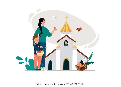 Happy Easter concept with people scene in the flat cartoon style. Mother takes her son to church to consecrate the Easter basket. Vector illustration.