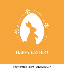 Happy easter concept. Postcard in a minimalist design in orange. Rabbit and egg silhouette decorated with simple flowers. Vector illustration.