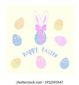 Happy Easter concept. Easter poster and banner template with Easter eggs  on light background. Set of Easter painted, colored eggs and ears of a rabbit. Spring holiday. Pastel colors, cartoon spring. 