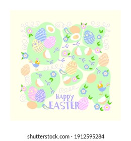 Happy Easter concept. Easter poster and banner template with Easter eggs  on light background. Set of Easter painted, colored eggs, eggshell.  Spring holiday. Pastel colors, cartoon spring. 