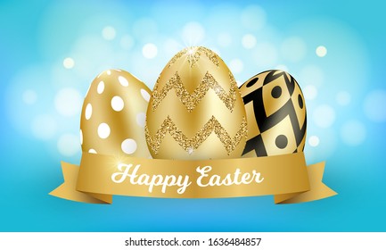 Happy Easter concept with realistic 3D golden eggs and ribbon on blue bokeh background. Holiday decorative design. Vector illustration for greeting card, ad, promotion, poster, flyer, web banner