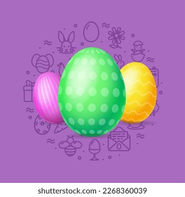 Happy Easter Concept with Realistic Detailed 3d Painted Eggs and Thin Line Icons. Vector illustration of Egg