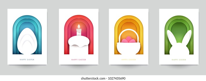 Happy easter concept. Set holiday background for cover, invitation, poster, banner, flyer, placard. Minimal template design for branding, advertising in paper cut style. Vector illustration.