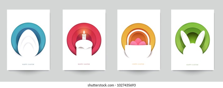 Happy easter concept. Set holiday background for cover, invitation, poster, banner, flyer, placard. Minimal template design for branding, advertising in paper cut style. Vector illustration.