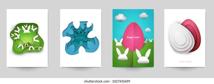 Happy easter concept. Set holiday background for cover, invitation, poster, banner, flyer, placard. Minimal template design for branding, advertising in paper cut style. Vector illustration. Happy easter concept. Set holiday background for cover, invitation, poster, banner, flyer, placard. Minimal template design for branding, advertising in paper cut style. Vector illustration.