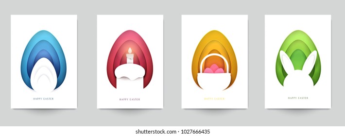 Happy easter concept. Set holiday background for cover, invitation, poster, banner, flyer, placard. Minimal template design for branding, advertising in paper cut style. Vector illustration.