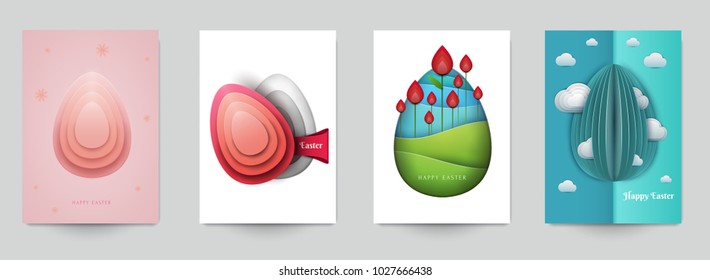 Happy easter concept. Set holiday background for cover, invitation, poster, banner, flyer, placard. Minimal template design for branding, advertising in paper cut style. Vector illustration.