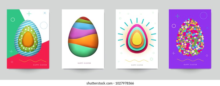 Happy easter concept. Set holiday background for cover, invitation, poster, banner, flyer, placard. Minimal template design for branding, advertising in paper cut style. Vector illustration.