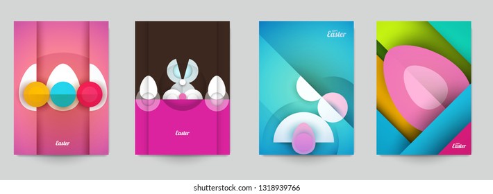 Happy easter concept. Set holiday background for cover, invitation, poster, banner, flyer, placard. Minimal template design for branding, advertising in geometric paper cut style. Vector illustration.