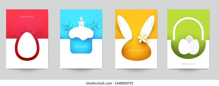 Happy easter concept. Set holiday background for cover, invitation, poster, banner, flyer, placard. Minimal template design for branding, advertising in paper cut style. Vector illustration.