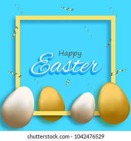 Happy Easter Concept with Shiny Golden and Silver Eggs.
