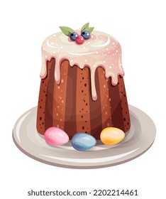 Feliz concepto de Pascua. Pegatina con deliciosa tarta de Pascua decorada con bayas, glaseado de vainilla y huevos pintados. Elemento de diseño para la postal de vacaciones de primavera. Ilustración vectorial realista de dibujos animados
