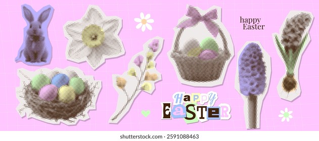 Happy Easter concept sticker template design set with bunny rabbit retro lettering text vintage halftone grunge punk dotted texture. Torn put paper collage element for card black dots pop art style