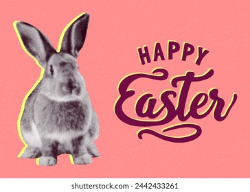 happy easter concept template design with bunny rabbit retro lettering text vintage halftone grunge punk dotted texture collage element for holiday card poster banner black dots pop art style