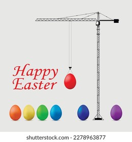 Happy easter concept. A tower crane lifts a number of Easter eggs. Vector illustration.