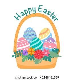 Happy Easter concept vector illustration. Easter eggs in basket in flat design on white background.