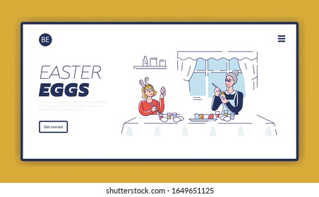 Happy Easter Concept. Website Landing Page. Happy Mother Decorating Easter Eggs With Daughter. The Process Of Preparing For the Holiday. Cartoon Outline Linear Flat Vector illustration