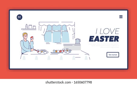 Happy Easter Concept. Website Landing Page. Happy Boy Decorating Easter Eggs At Home. Process Of Preparing For the Holiday. Cartoon Outline Linear Flat Vector illustration.