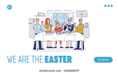 Happy Easter Concept. Website Landing Page. Happy Family Spending Time Together At home Decorating Easter Eggs. Cartoon Outline Linear Flat Vector illustration.