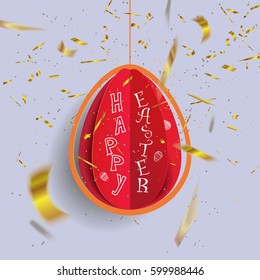 Happy Easter concept-origami made in a egg shape paper art style with text and bokeh confetti around.Vector illustration.