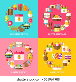 Happy Easter Concepts Set. Poster Design Vector Illustration. Collection of Spring Holiday Objects.
