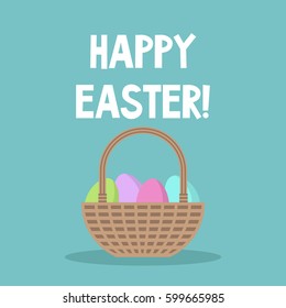 Happy easter conceptual illustration. Wicker basket full of painted eggs / flat editable vector illustration, clip art