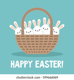 Happy easter conceptual illustration. Wicker basket full of easter bunnies, flat editable vector illustration, clip art