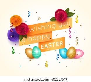 Happy Easter congratulation background with cut out flowers ribbon confetti egg. Vector illustration for Christian Catholic holiday.