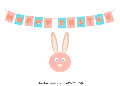 Happy Easter congratulation card. Pink and blue garland and rabbit symbol. Holiday vector illustration