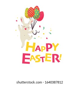 Happy Easter congratulation card with text greeting, eggs and bunny character isolated. For holiday cards, prints, banner design decor etc. Flat style, vector illustration.