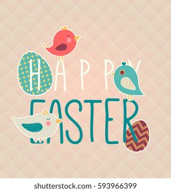 Happy Easter! Congratulation cartoon card. Vector illustration with eggs and birds. nice poster with light spring background.