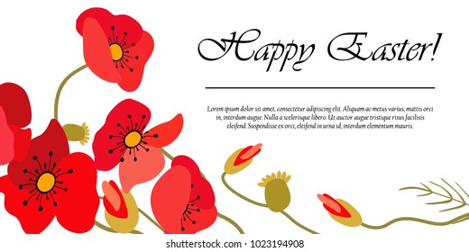 Happy Easter. Congratulations on the Christian holiday. Delicate frame of poppies. Vector illustration