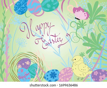 

Happy easter. Congratulatory easter background. Easter eggs, flowers, chicken. Vector illustration