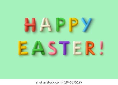 Joyeuses Pâques. Inscription flatteuse de lettres colorées en plasticine isolées sur fond vert menthe à l'ombre douce. Décoration de Pâques. Elément de conception. Illustration Vectorielle 3D réaliste