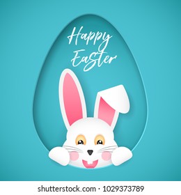Happy Easter. Congratulatory poster. The Easter bunny looks out of the hole in the shape of an egg. Vector illustration in cartoon style.