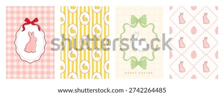 Happy Easter coquette seamless pattern set. Vintage design with bunny, egg and bow. Pastel posters. Whimsical greeting card. Gingham and striped background. Vector illustration