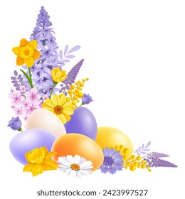 Happy Easter corner composition. Cute colored 3d realistic eggs and cartoon spring flowers drawn in light colors, isolated on white background. Vector illustration