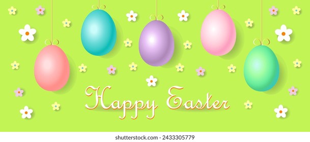Feliz Pascua. Cubierta, folleto, folleto, tarjeta de felicitación, banner, encabezado web con huevos de Pascua 3D.