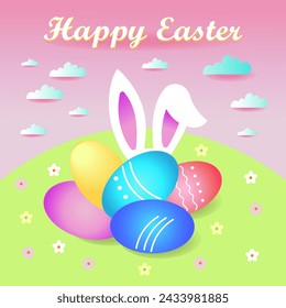 Happy Easter. Cover, brochure, flyer, greeting card with easter eggs and hidden rabbit on meadow on pink spring sky and clouds background. Pastel colors.