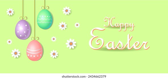 Happy Easter. Cover, brochure, flyer, greeting card, banner, web header with Easter eggs and with daisies on a green background.
