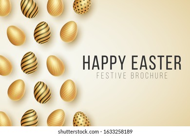 Happy Easter cover. Scattered glossy golden eggs with a pattern on a light background. Vector illustration. EPS 10