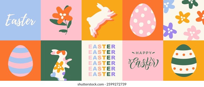 Happy Easter cover or web banner, horizontal poster, sale promotions, design template with seamless border made of spring flowers, Easter eggs and Easter bunny. Vector illustrations.