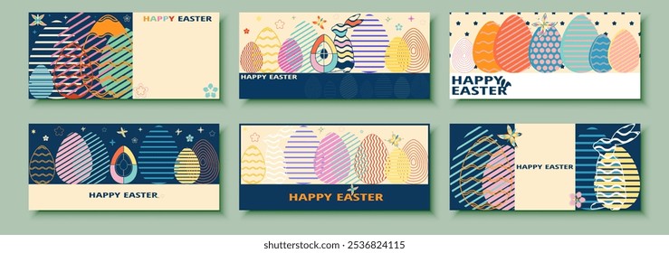 Feliz Pascua cubre Anuncios de carteles Horizontales, tarjetas de Web de felicitación en geometría simple moderna, marca, publicidad en redes sociales, promoción, impresión, ventas. Huevos de Pascua de moda, Plantillas de diseño de conejito