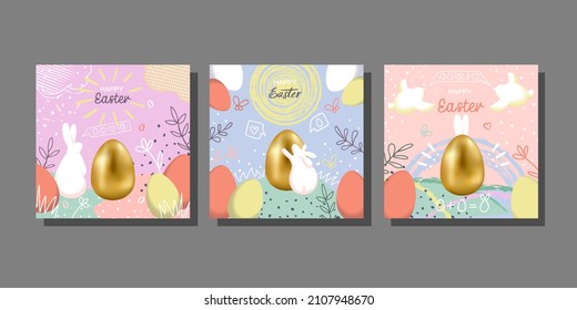 Happy Easter Covers Set for greeting cards, posters. Trendy hand drawn design with gold realistic egg and rabbits and lettering in pastel colors. Modern art minimalist style.