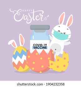 Happy Easter with COVID-19 Vaccine and eggs. Cute rabbit ears and bunny with medical mask for protect Coronavirus.